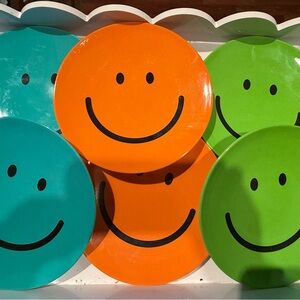 6 NEW 8" BLUE/GREEN/ORANGE SMILEY FACE MELAMINE PLATES 2 Of Each.  So Fun!!
